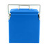 A blue retro metal ice cooler box with a silver handle, featuring a square design and lid.