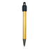 A bamboo stylus pen with a black top and a sleek design, featuring a logo on its side.