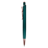 A teal metal pen with a rose gold clip and tip, featuring a logo on the body.