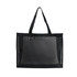 A black transparent mesh tote bag with a rectangular shape and two sturdy handles.