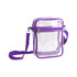 A clear tote bag with a zipper closure and a purple strap. The bag features a simple design and includes a logo.