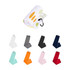 A rolled waffle golf towel in white with a design and various unfolded towels in teal, orange, pink, red, navy, black, and grey.