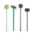 A collection of four drink stirrers in green and black, featuring various designs and a logo on one.