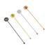 A set of four stainless steel cocktail drink stirrers in gold, silver, copper, and black finishes, each with a logo.