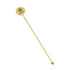 A gold stainless steel cocktail drink stirrer with a circular top and a spherical end, featuring a logo.