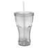 A drink bottle features a sleek, clear plastic design with a curved shape, a lid, and a straw for easy sipping.