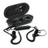 Black Bluetooth earbuds with a carrying case, featuring ear hooks and a control remote, along with charging cables.