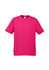 A pink short sleeve tee shirt featuring a standard crew neck and a logo. Perfect for casual wear.
