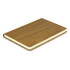 A notebook with a wooden-textured cover and cream-coloured pages, featuring a logo on the front.