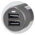 A grey USB car charger featuring two USB ports and a rounded design. It has a logo on the surface.