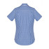 A women's short sleeve shirt in blue and white gingham pattern, featuring a button-up design. The shirt has a logo.