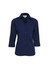 A navy women's button-up shirt with 3/4 sleeves and a collar. It features a front button closure and has a logo.