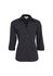 A black women's button-up shirt with 3/4 sleeves and a collar, featuring a button front and a logo.