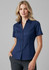 A navy blue short sleeve button-up shirt with a fitted design and a collar, displayed on a model.