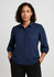 A women's navy 3/4 sleeve blouse with a collared neckline and button-down front, featuring a branding logo.