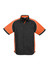A black short sleeve button-up shirt with orange accents and piping, featuring a chest pocket and a logo.