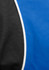 A blue and black short sleeve shirt with contrasting white detailing and a curved design element.