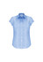 A light blue women's short sleeve button-up shirt with a fitted design and a collar. It features a logo on the label.