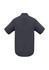 A dark grey men's short sleeve button-up shirt with a collar and a logo on the back.