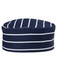 A navy and white striped chef's cap featuring a circular, flat design and a logo.