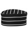 A black chef's cap with white stripes, featuring a round, flat top and a simple design. It has a logo on it.