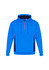 A blue unisex hoodie features a front zipper, with black and red accents along the sides and a logo on the chest.
