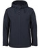 A navy three-layer hooded softshell jacket with a front zip, featuring a logo on the chest.