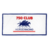 A white sports towel with blue trim featuring a racing horse graphic and a logo.
