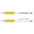 A yellow and white metal pen with silver accents, featuring a sleek design and a clip.