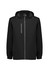 A black unisex light packable rain jacket with a hood and front zip, featuring a reflective logo.