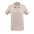 A light beige women's polo shirt with a classic collar and three-button placket, featuring a logo.
