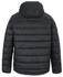 A black hooded puffer jacket featuring a quilted design and a logo. The jacket is shown from the back.