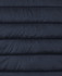 A dark navy puffer vest featuring quilted sections and a logo. The fabric has a smooth finish.