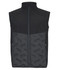 A black hybrid vest featuring a padded lower section and zippered pockets, with a collar and branding present.