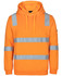 An orange hoodie with reflective silver stripes, featuring a hood and a logo on one sleeve.