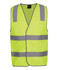 A high visibility safety vest in lime green with reflective silver strips, featuring a logo on the front.