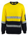 A bright yellow and navy cotton crew neck fleece jumper featuring reflective stripes and a pocket on the sleeve.