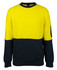 A yellow and navy crew neck fleece jumper with a front pocket and a sleeve pocket, featuring a logo.