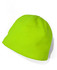 A bright green beanie made from soft fabric, featuring a rounded top and rolled brim, with a logo.