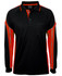 A long-sleeve polo shirt in black with red stripe detailing and a pocket on the front. Features a logo.