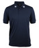 Navy blue polo shirt with a collar featuring white stripe detailing and a logo on the sleeve.