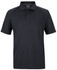 A black polo shirt featuring a buttoned placket, short sleeves, and a logo on the collar.