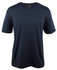 A navy blue t-shirt with short sleeves and a round neckline, featuring a branding logo.