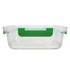 A clear lunch box with a green handle, designed for easy transport and storage of meals.