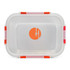 A clear lunch box with orange and pink accents, featuring a logo in the centre.
