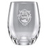 A clear stemless wine glass featuring an etched design related to "Vanlife" and outdoor themes.