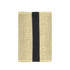 A jute stubby holder in natural beige with a black band, featuring a logo. Ideal for keeping drinks cold.