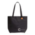 A black tote bag with long handles, featuring a logo at the bottom.