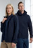 A navy rain jacket for men showcased on a model, featuring a hood and multiple zippered pockets.