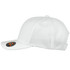 A white mesh flex cap featuring a curved brim and a branded logo on the front.